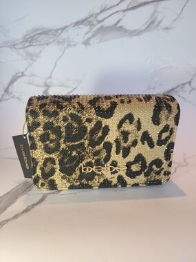 bebe Gold and Black Leopard Small Sequin Clutch Wristlet
